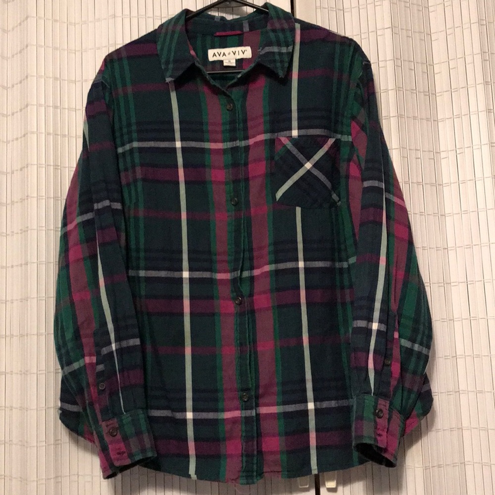 Purple and green plaid flannel shirt